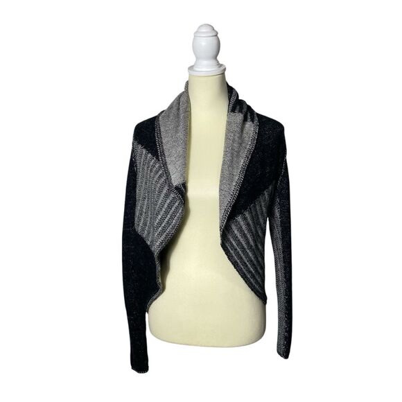 Cabi Black & Gray Shawl Collar Drapped Open Front Knit Cardigan Women's Medium - Picture 1 of 13
